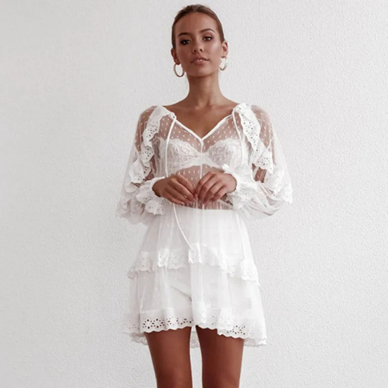 2019 أزياء النساء حزب Vestido كم طويل سليم مثير الحلو الأبيض الجوف اللباس جديد وصول شاطئ البسيطة اللباس