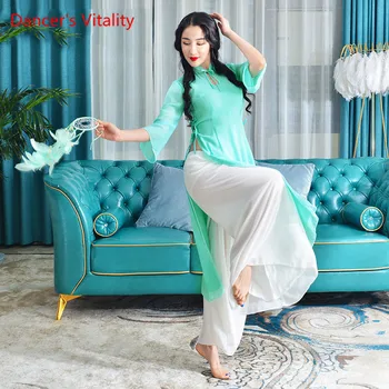 

2019 New Belly Dance Practice Clothes Modern Dance Chiffon Upper And Lower Split Suit Top+Pants 2pcs