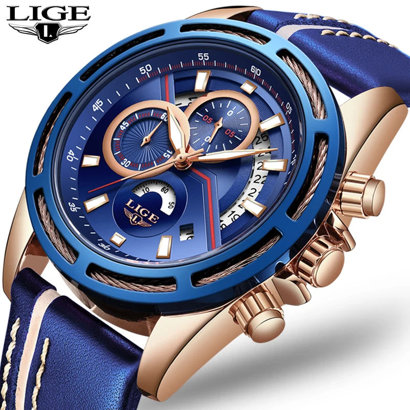

2019 LIGE Mens Watches Top Brand Luxury Casual Leather Quartz Clock Male Sport Waterproof Watch Blue Watch Men Relogio Masculino