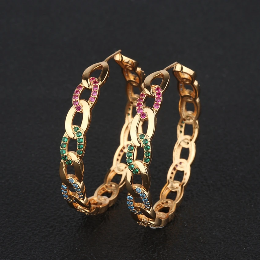 

Gold Filled Luxury Geometric Colorful Zircon Round Hoop Earrings For Women Party Fashion Chain Link Jewelry Fashion Accessories