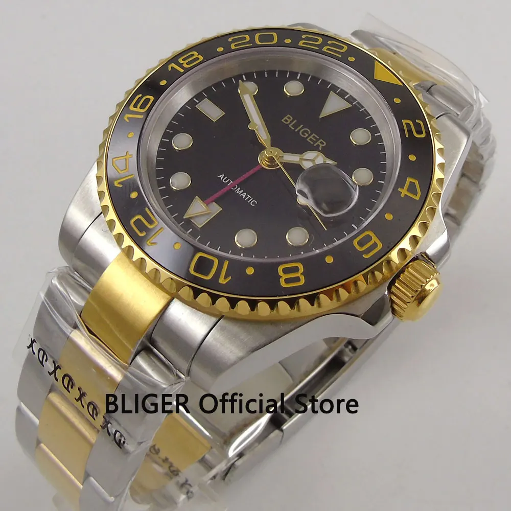 

Sapphire Crystal 40MM BLIGER Black Dial Ceramic Bezel Golden Plated Case GMT Function Luminous Automatic Movement Men's Watch