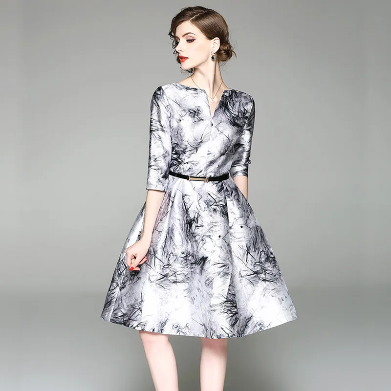 

Print Slim Tunic Big Swing Knee Length Dress Women Elegant Vintage Chinese Office Party Fashion Dress Summer Sundress Clothing