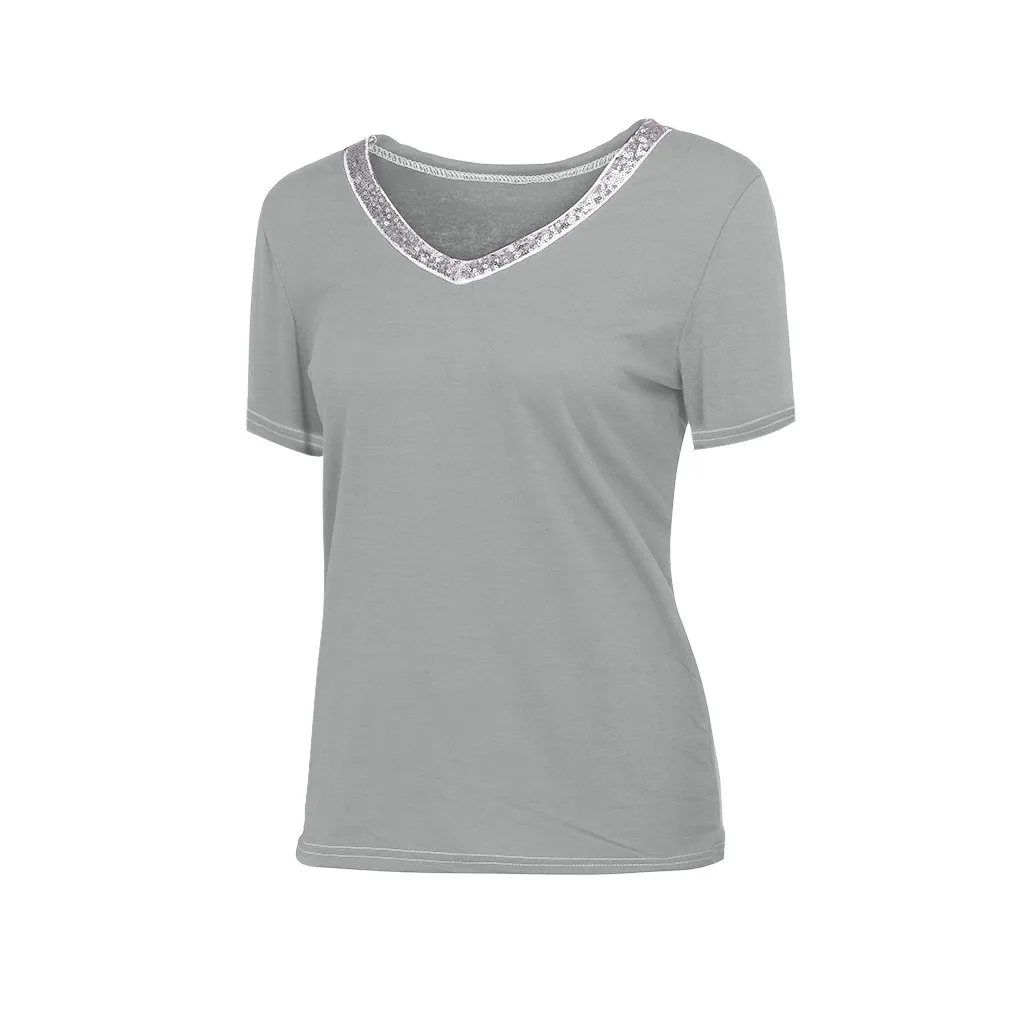 Новая модная женская рубашка повседневная сексуальная с блестками короткий рукав v-образный вырез Топы Повседневная футболка женская футболка в стиле Харадзюку camiseta mujer