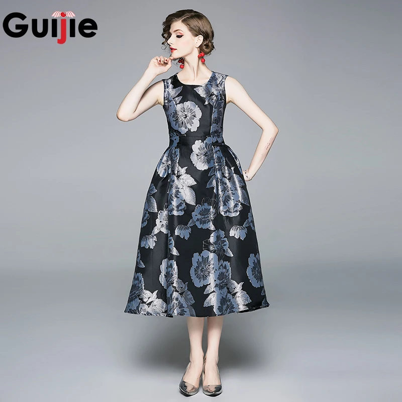 

Guijie Vintage Sleeveless Black Jacquard Flower Dress Slim A-Line Party O-neck Spring Summer Trunic High Waist Dresses Vestidos