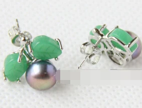 

hj 00763 Beautiful 2pairs black pearls green jade stud earrings
