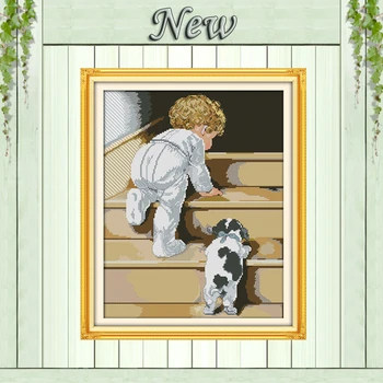 

lovely baby and dog Cheer up,print on canvas DMC 14CT 11CT Cross Stitch kits,embroidery needlework Sets,Childhood memories Decor