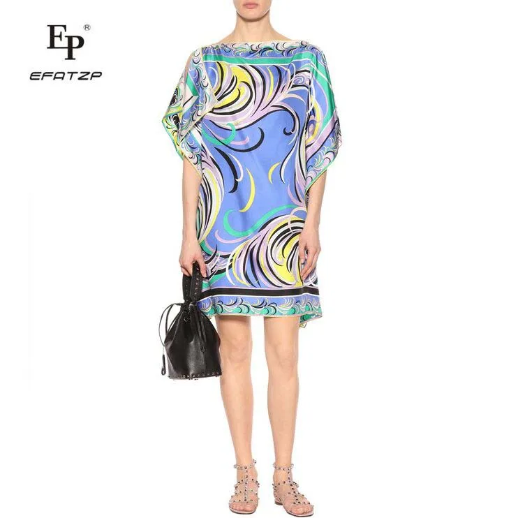 

New 2018 Fashion Designer Dress Women's Short Sleeves blue Geometric Print large size XXL Stretch Jersey Loose Silk Day Dress