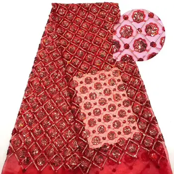 

high quality red French Nigerian sequins net lace fabric /African tulle mesh sequence lace fabric for dress 5yards/lot FC6-22