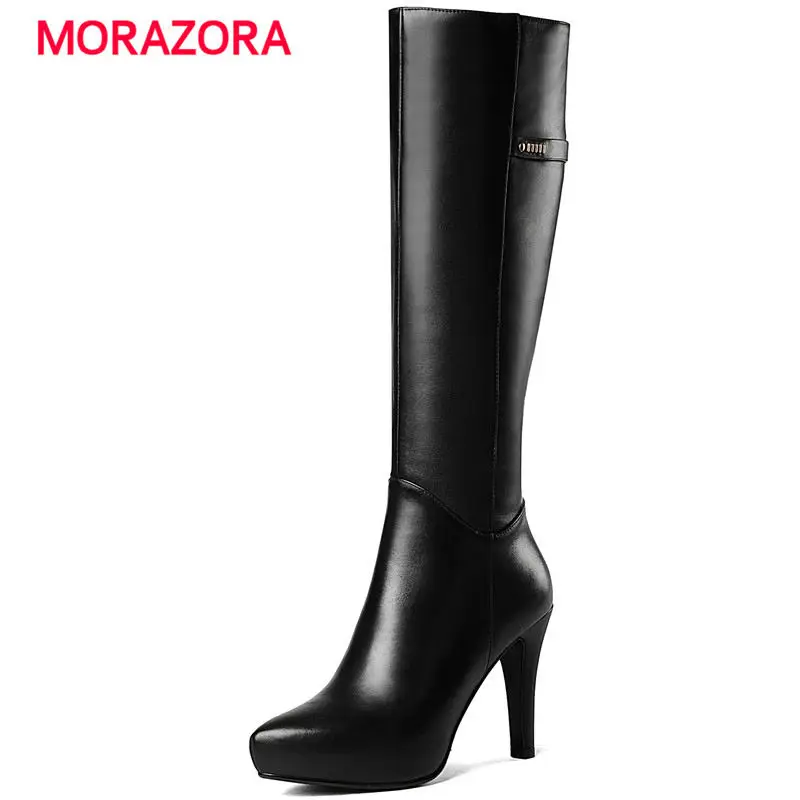 

MORAZORA 2018 new fashion super high heel knee high boots pointed toe stiletto heel platform boots autumn winter zipper boots