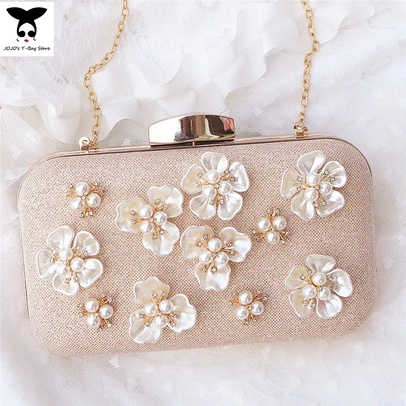 

Elegant  women flower evening bag diamond handbag pearl day clutches party bag hasp hard shoulder bag