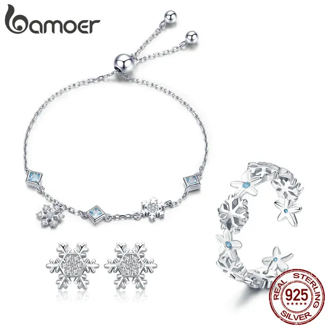 Bamoer Fashion 925 Sterling Silver Winter Gift Snowflake Bracelets Bamoer Fashion 925 Sterling Silver Winter Gift Snowflake Bracelets Earrings Rings Jewelry Sets