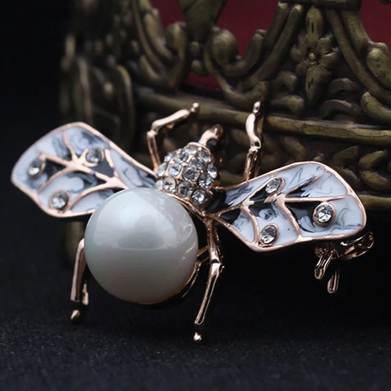 Blucome Small Enamel Insect Brooches For Women Men Party Gifts Fashion Pearl Brooch Pin Rhinestone Crystal Hijab Accessories