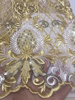 

Gold Sequins Lace Fabric 2019 High Quality African Evening Dress Fabrics New Nigeria Sequined Embroidered Mesh Net Lace Fabric