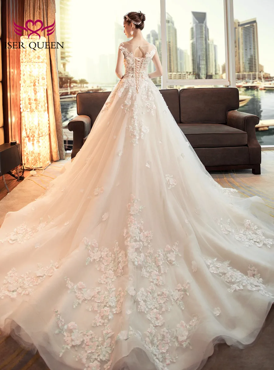 Elegant Floral Arab Long Train Wedding Dress Sheer Neck Plus Size Romantic Luxury Flower Wedding Gown Bridal Dress WX0137