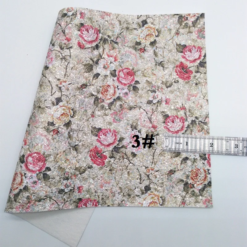 1PCS A4 SIZE 21X29cm Alisa Glitter Flowers Printed Faux Leather Fabric, Synthetic Leather Gold Glitter Fabric for Bow DIY G16G - Цвет: 3