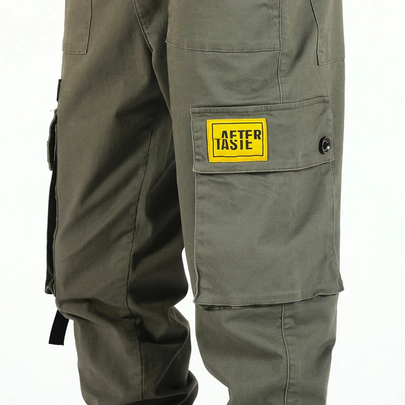 Армейские; зеленого цвета; для мужчин Multi-карман лента эластичный пояс Harajuku Повседневное брюки-карго Штаны хип-хоп Уличная бегунов Брюки