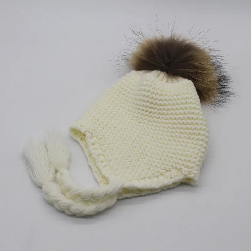Детская шапка, шапка из натурального меха енота с тесьмой для девочек, осенне-зимняя шапка из меха енота, детские зимние шапки, шапка s - Цвет: Белый
