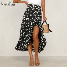 Nadafair оборками печати рубашки средней длины для женщин Высокая талия Асимметричная летняя длинная юбка boho пляжные сексуальные юбки