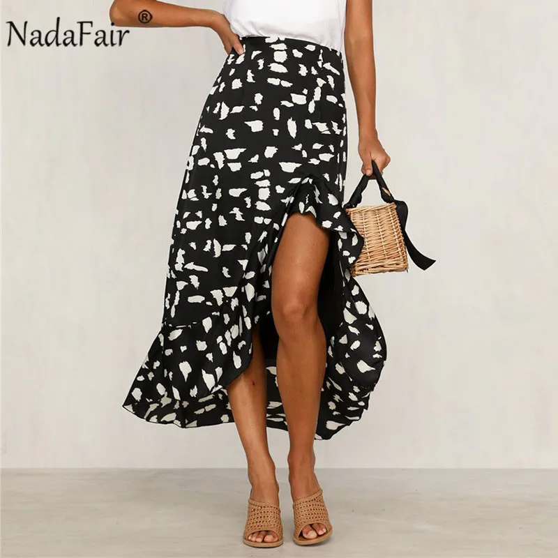 

Nadafair ruffles print midi shirts women high waist asymmetrical summer long skirt boho beach sexy skirts