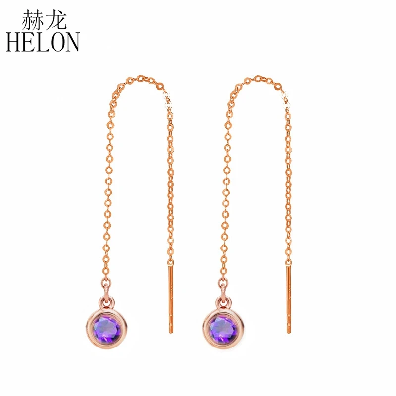 

HELON Solid 18k Rose Gold 3mm Round Genuine Amethyst Chain Earrings Engagement Wedding Trendy Jewelry For Women Christmas Gift