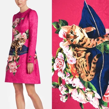 

98*142cm/pcs rose red Lovely cat digital painting print peony jacquard fabric for dress christmas fabrics patchwork tissus tela
