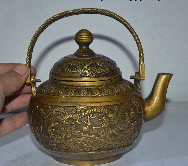 

Chinese Dynasty Palace Bronze Copper Dragon Beast Emboss Wine Tea Pot Flagon