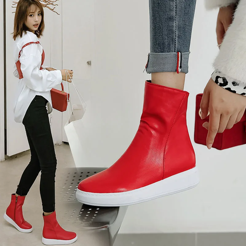 Женская обувь г. Новые женские зимние ботинки из искусственной кожи женские зимние ботинки красного, белого, черного цвета ботильоны на плоской подошве с круглым носком, большой размер 9
