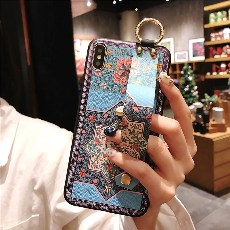 3 SoCouple Wrist Strap Soft TPU Phone Case For iphone 6 6s 7 8 plus Case For iphone X Xs max XR Flower embroidery Pattern Case