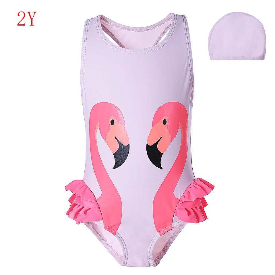 Pettigirl/розовый купальный костюм для маленьких девочек купальный костюм с шапочкой в пляжном стиле с принтом фламинго и черного лебедя для детей от 1 года до 7 лет - Цвет: Pink size 2Y