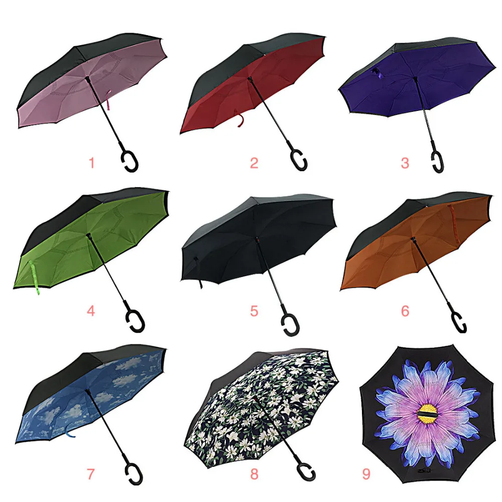 

Folding Double Layer Inverted C Hand Holder Stand Rain Windproof Rolling Over Umbrella For Women Reverse Umbrellas