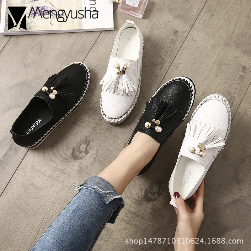

Crystal Small White Leather Shoes Women Tassel Espadrilles Creepers Fishermen Flats Ladies Loafers Handmade Leather Moccasins