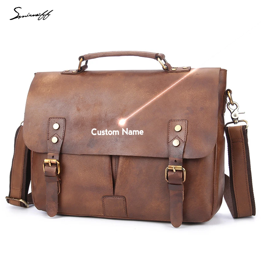 Free Shipping  Men Genuine Leather Handbag Vegetable Taned Leather Bag Laptop Laser Engraved inscription Gift Men 