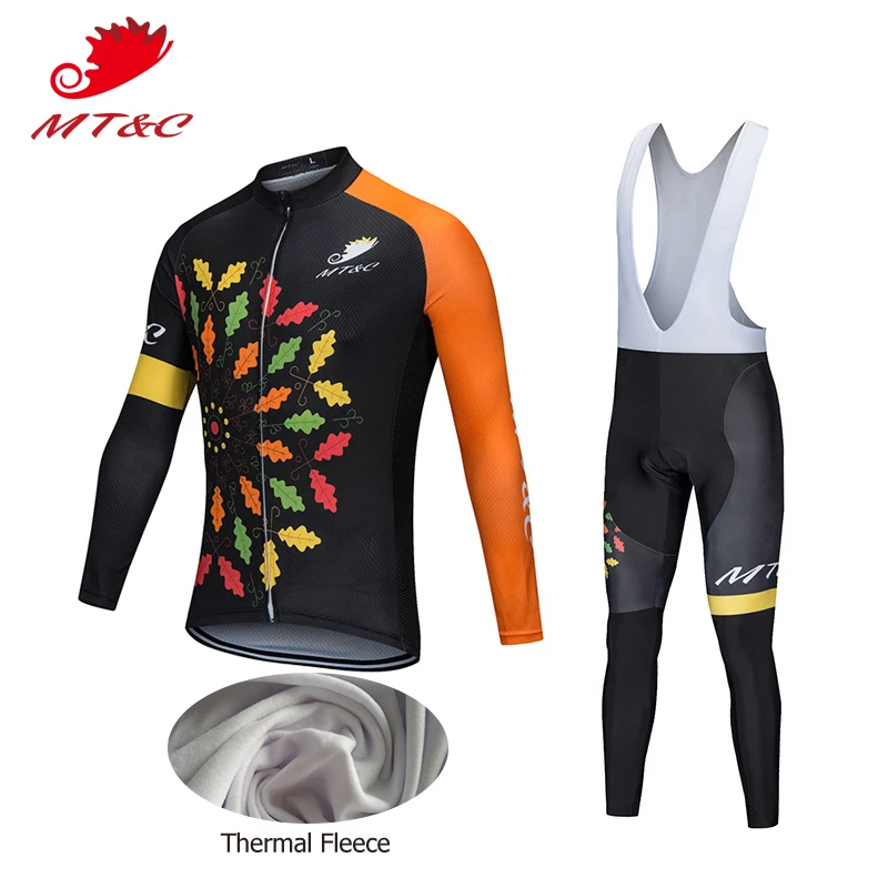 

MT&C Winter Cycling Jersey Set Colorful Maple Leaves Windbreak Warm Fleece Clothes Gel Pad Bicycle Sportswear MTB Bike Clothes