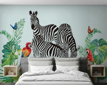 

beibehang Custom fashion hand painted watercolor tropical rainforest plant zebra background wall paper mural papel de parede