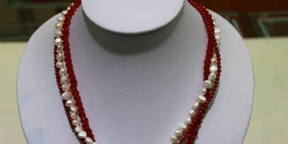 

3strand 6mm red Crystal&white Freshwater pearl necklace "handmade"Alloy 17.5" a(5.18)
