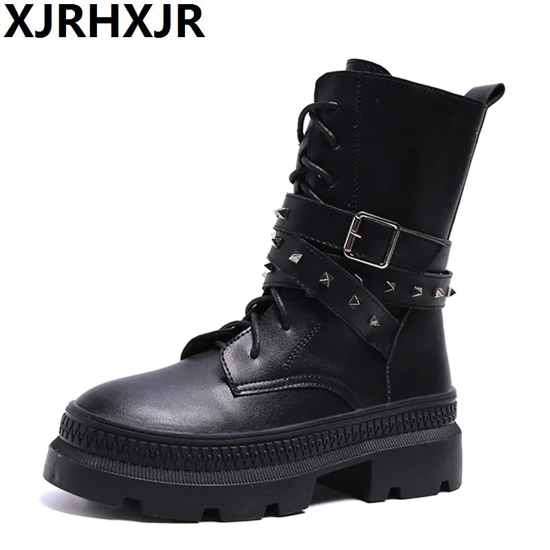 

PU Leather Waterproof Punk Lace Up Belts Rivet Shoes Autumn Winter Boots Women Girls Round Toe Mid-calf Boots Black Botas Mujer