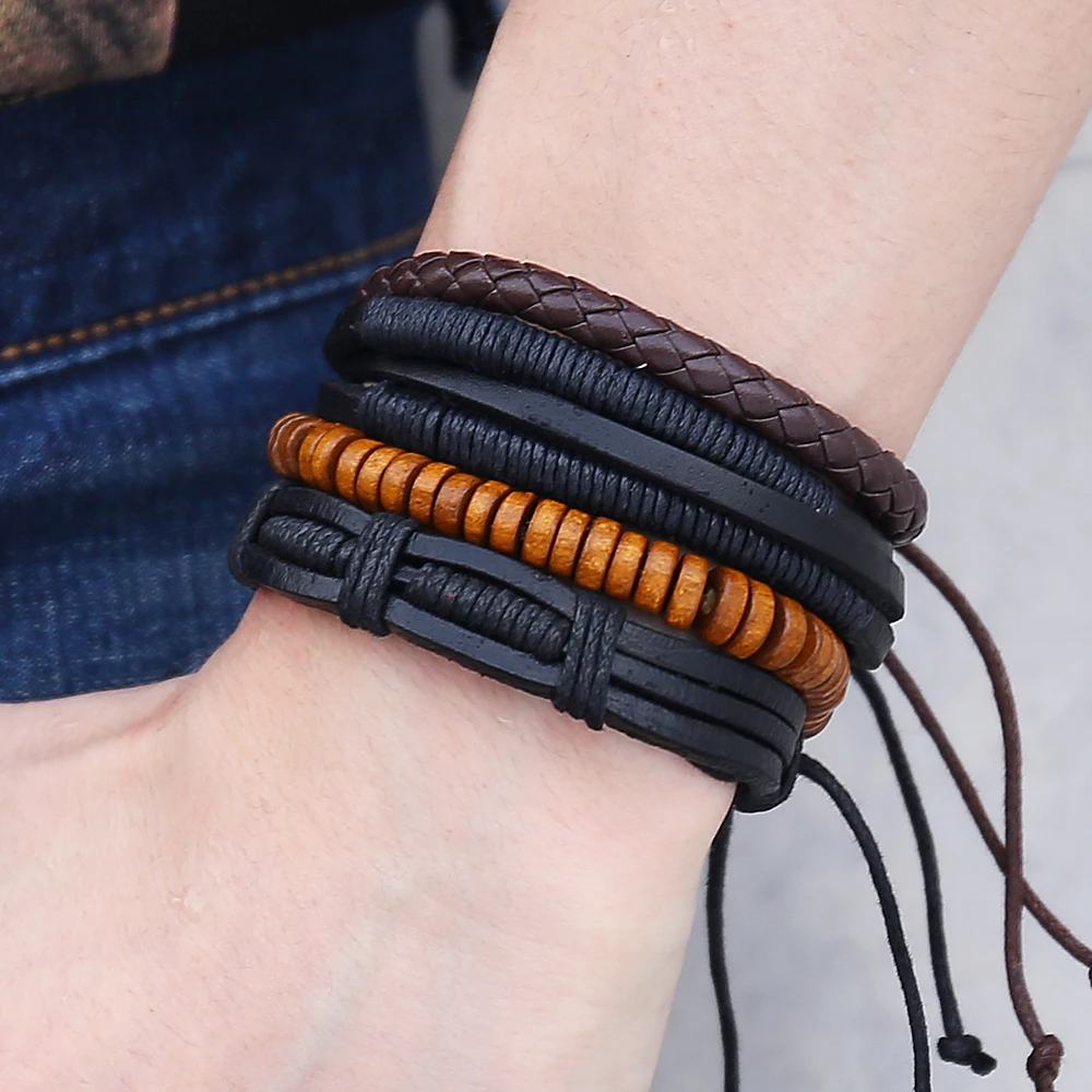 

IF ME Vintage Multilayer Adjustable Leather Bracelets For Men Trendy Handmade Wood Beads Braided Wrap Bracelet Jewelry 2018 New