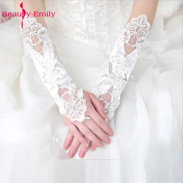 Недорогие длинные белые кружевные свадебные перчатки Beauty-Emily прозрачные