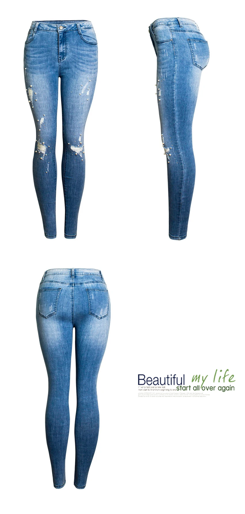 European and American women's wear high-waisted stretch pearl inlays irregularly worn holes wash cat whisker denim trousers (13)