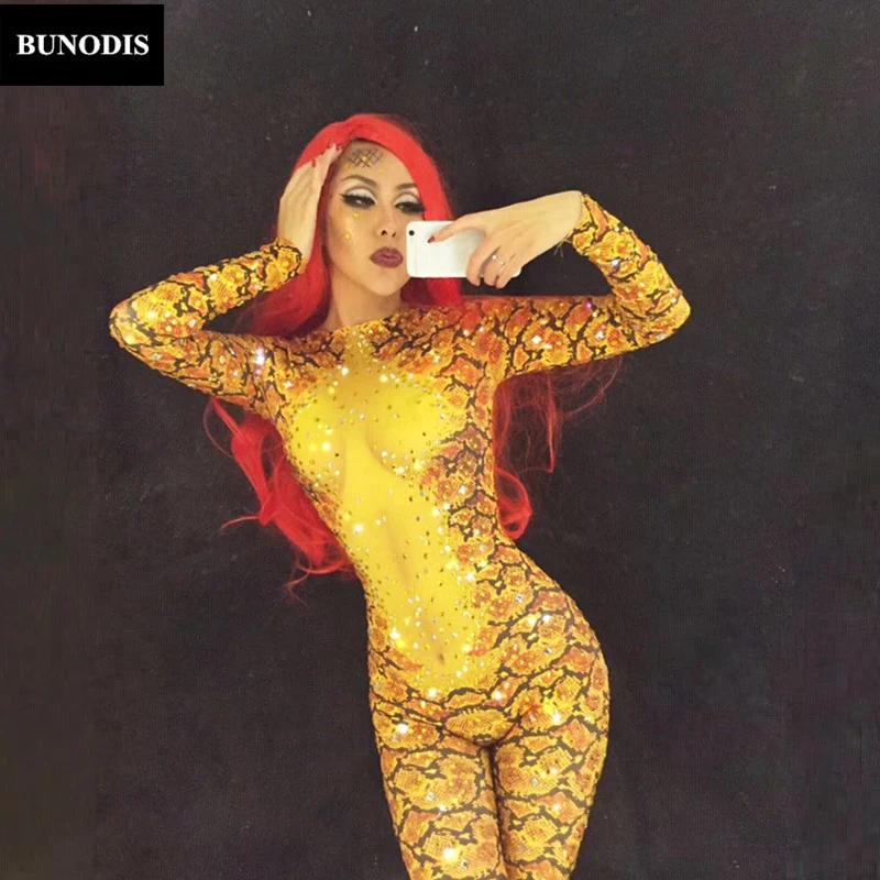 

ZD003 Gold Snake 3D Printed Jumpsuit Sparkling Crystals Bodysuit Nightclub Party DJ DS Singer Stage Wear Women Sexy Costumes