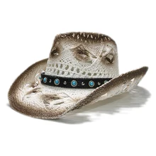 Модная ретро винтажная Женская Мужская открытая богемная Ковбой Западный летний соломенный Бирюзовый кожаный ремешок Cowgirl Sun Hat 58 см