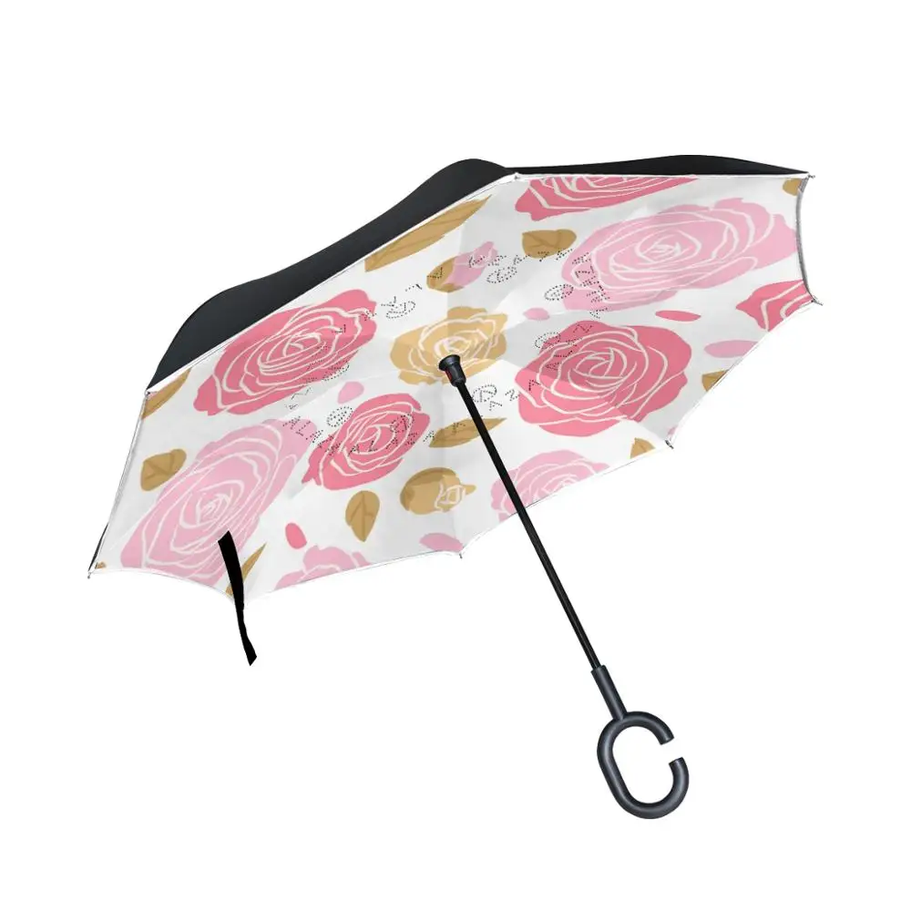 

Susino Golden Leaf Pink Flower Reverse Umbrella Stick Inverted Umbrella Windproof Double Layer Upside Down Rain Umbrellas