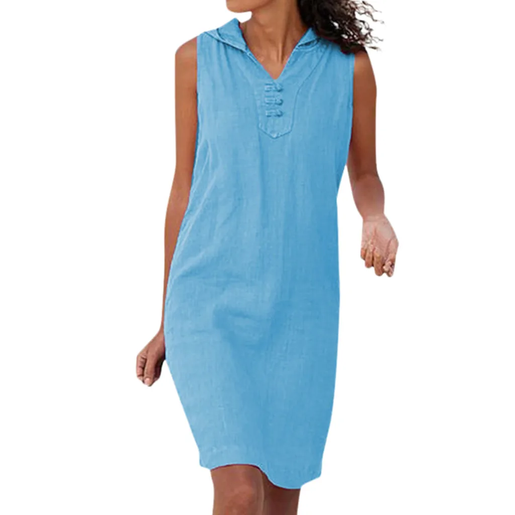 JAYCOSIN новые летние женские платья Повседневная Туника без рукавов прямой сплошной цвет с капюшоном длиной до колена пляжный сарафан 9040926 - Цвет: Синий