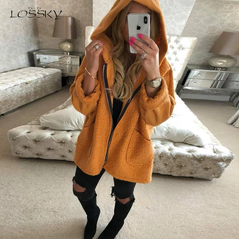 

Lossky Women Zipper Hoodie Jackets Long-sleeved Spring Autumn Warm Plush Long Coats Pocket Loose Lady Coats Big Size Streetwear
