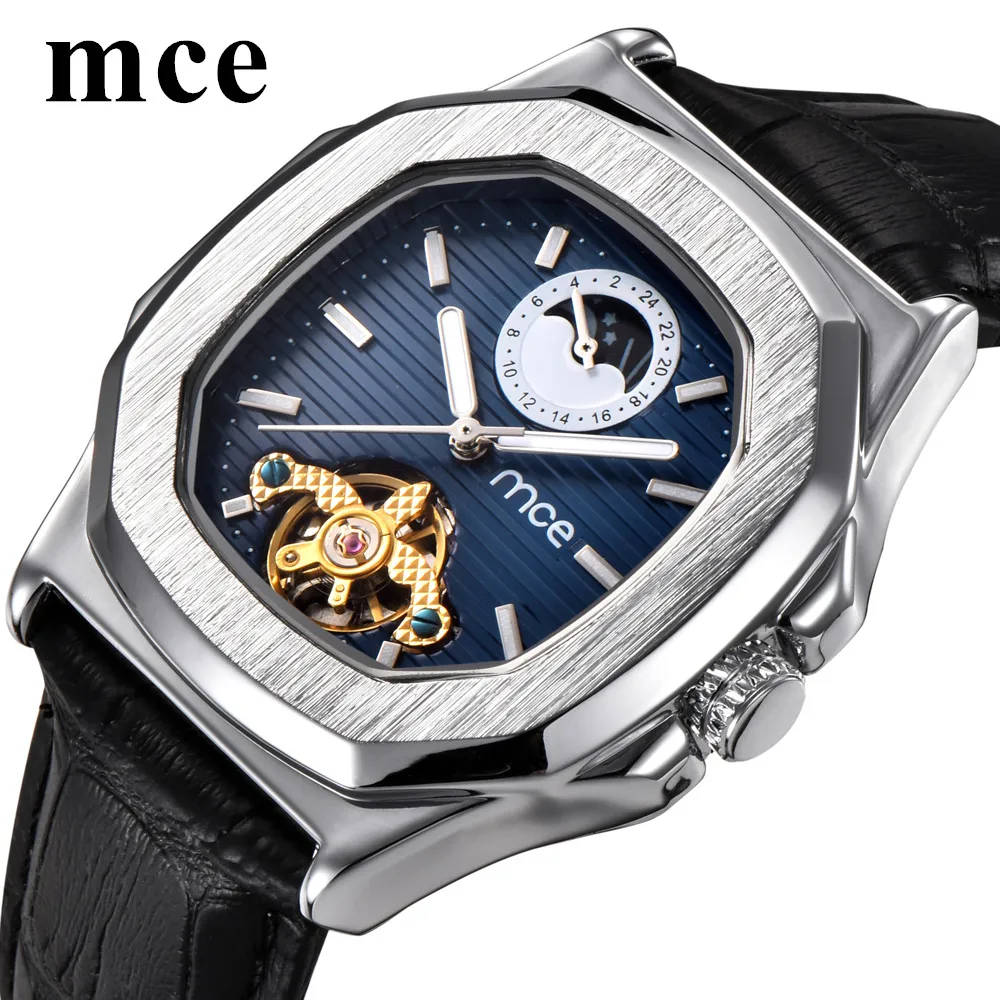 

MCE Moon Phase Skeleton Mens Watches Famous Brand Square Leather Automatic Mechanical Watch Sports Casual relojes hombre New
