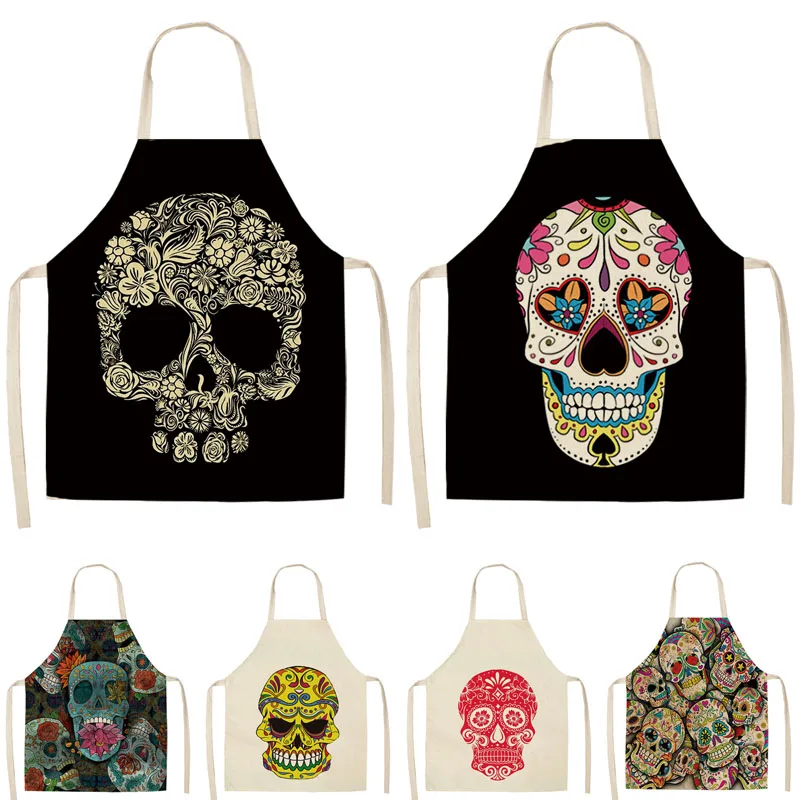 

1Pcs Skull Pattern Kitchen Apron for Cooking Sleeveless Cotton Linen Aprons Adult Bibs Home Cleaning Accessories 53*65cm MC0026