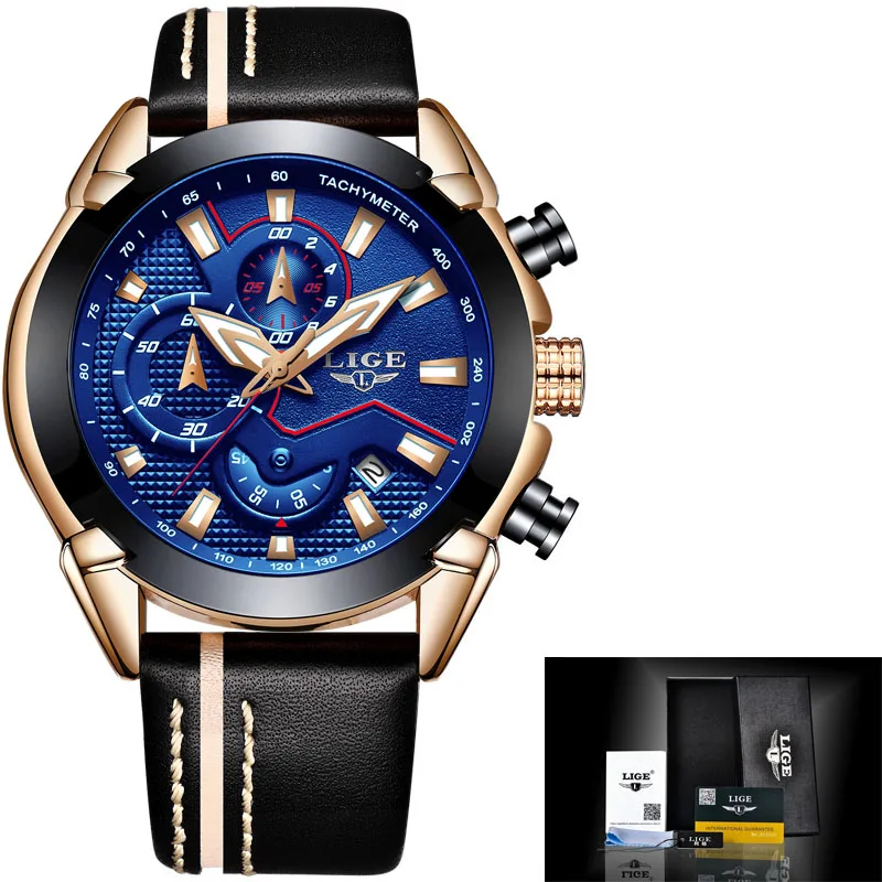 Gold blue Reloje LIGE Брендовые мужские Аналоговые кварцевые часы с хронографом и датой, светящиеся стрелки, водонепроницаемые мужские наручные часы с кожаным ремешком - Цвет: Gold blue
