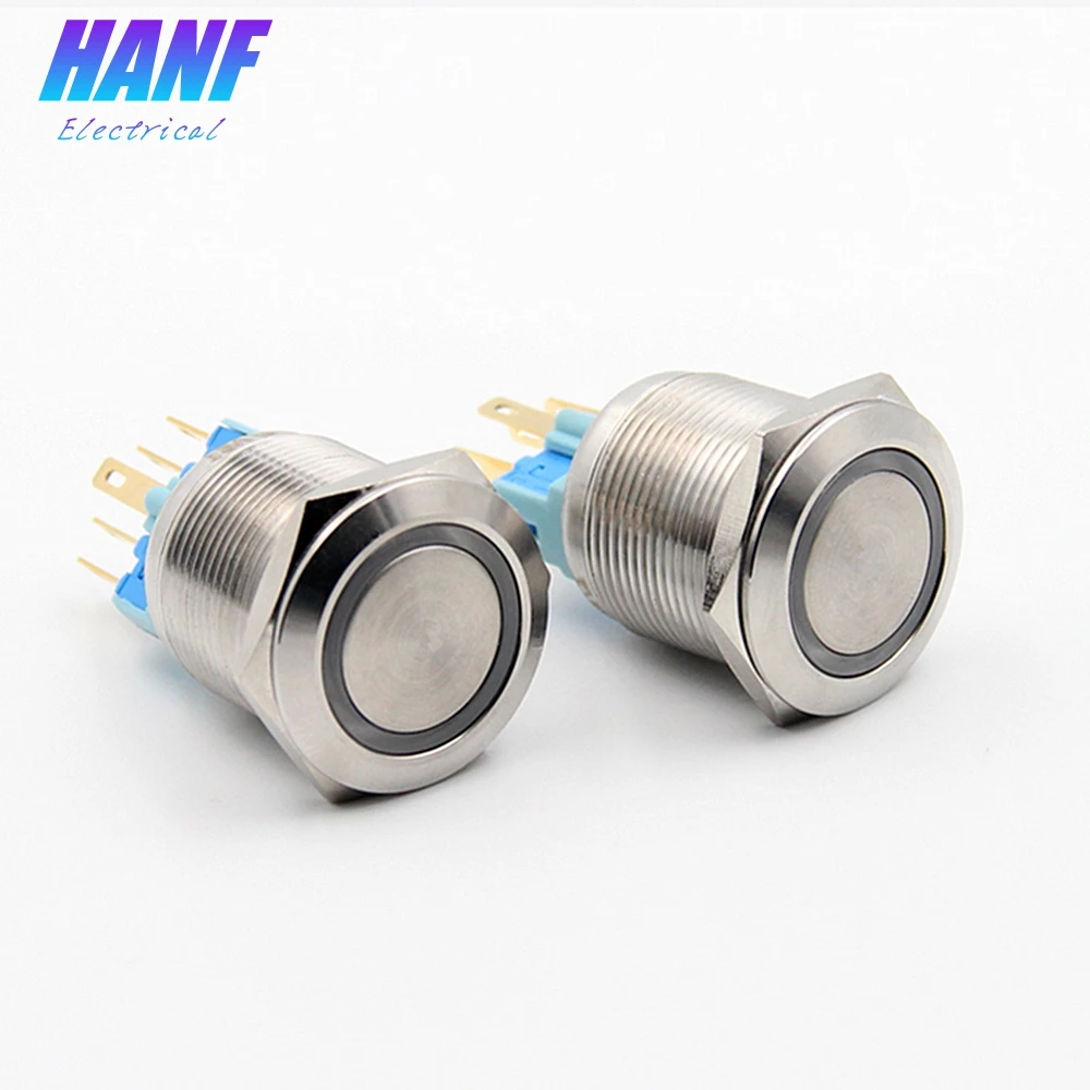 

1pcs 22mm 1NONC 2A/220V LED Ring-illuminated Flat Head Momentary Metal Push Button Switch With lamp 6Pins Waterproof