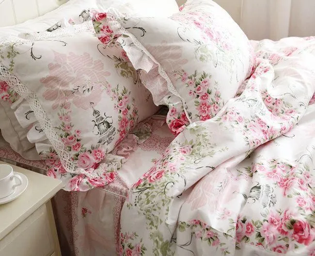 Princess Pink Ruffle Lace Bedding Sets Romantic Floral Duvet Cover