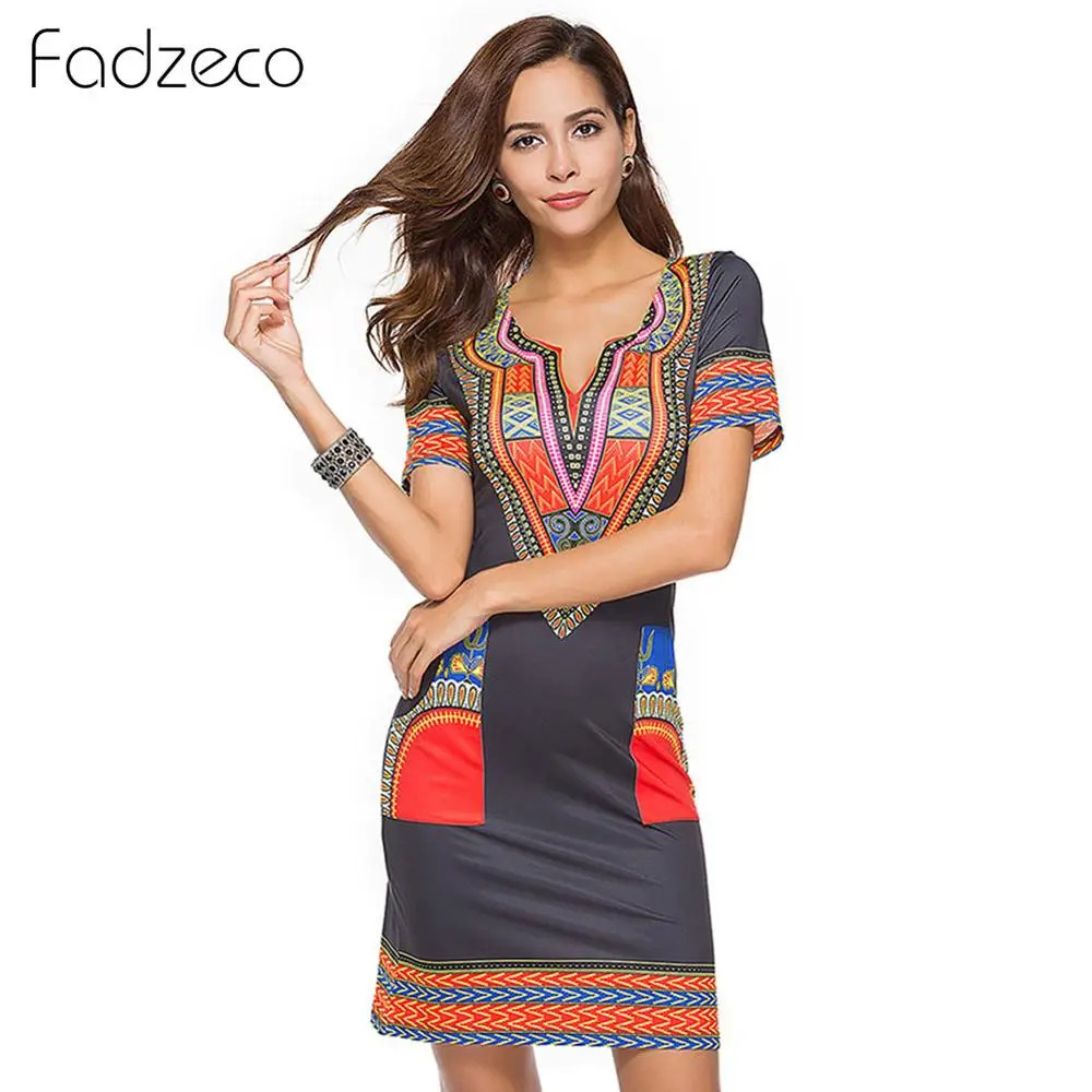 

African Dresses for Women Dashiki V Neck Summer Shift Dress Vintage Printed Ethnic Style Mini Dress Vestidos African Clothes